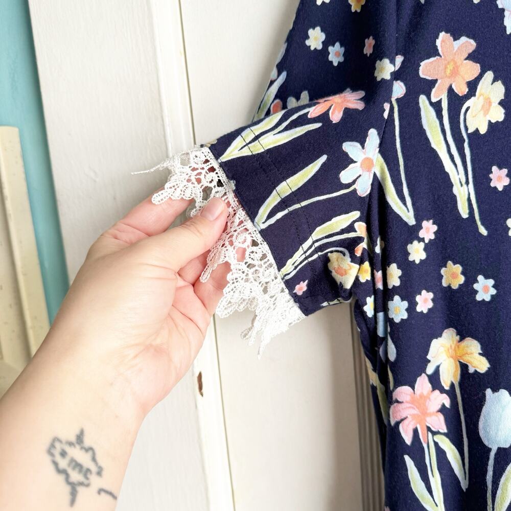VTG Talbots Floral Maxi Dress Lace Sleeve Detail Tulip Print Navy Short Sleeve L - Picture 7 of 16